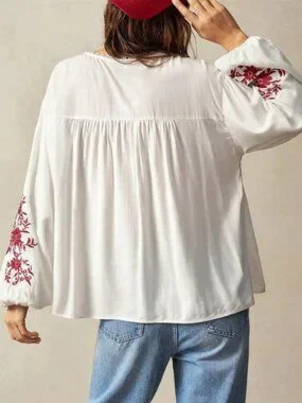 ZARA White Boho Women's Plus Size Floral Embroidery Flare Sleeve Blouse